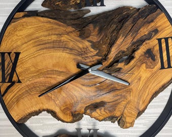 Made to Order Metal & Olive Wood Wall Clock, Oversized Wall Clock, Big Wood and Metal Wall Clock, Large Wall Art, Live Edge Clock, Home Art