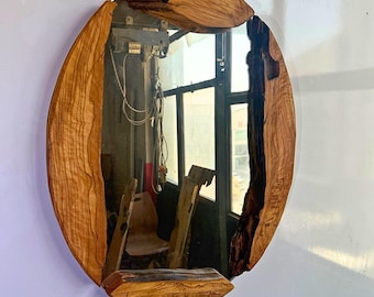Decorative Wall Mirror, Wood Mirror Wall Decor, Live Edge Wood Wall Mirror, Circle Wood Mirror, Olive Wood Oval Mirror, Large Wall Mirror