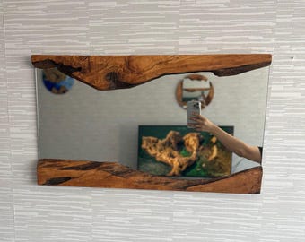 Asymmetrical Olive Wood Mirror, Live Edge Wooden Mirror