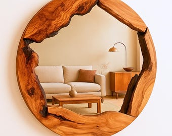 Olive Wood Round Wall Mirror, Small-Large Wall Mirror, Wood Frame Mirror, Decorative Wall Mirror, Live Edge Wood Wall Mirror, Home Decor