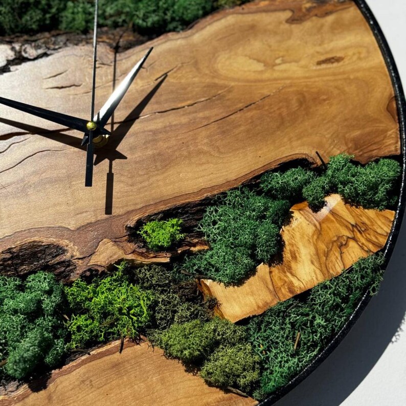 Olive Wood and Moss Big Wall Clock, Metal and Olive Wooden Wall Clock ...