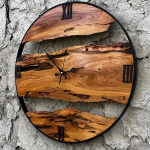 Custom Made Metal Wood Wall Clock, Wooden Wall Art, Big Wood Metal Wall Clock, Olive Wooden Rustic Wall Clock, Live Edge Rustic Clock