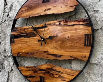 Custom Made Metal Wood Wall Clock, Wooden Wall Art, Big Wood Metal Wall Clock, Olive Wooden Rustic Wall Clock, Live Edge Rustic Clock