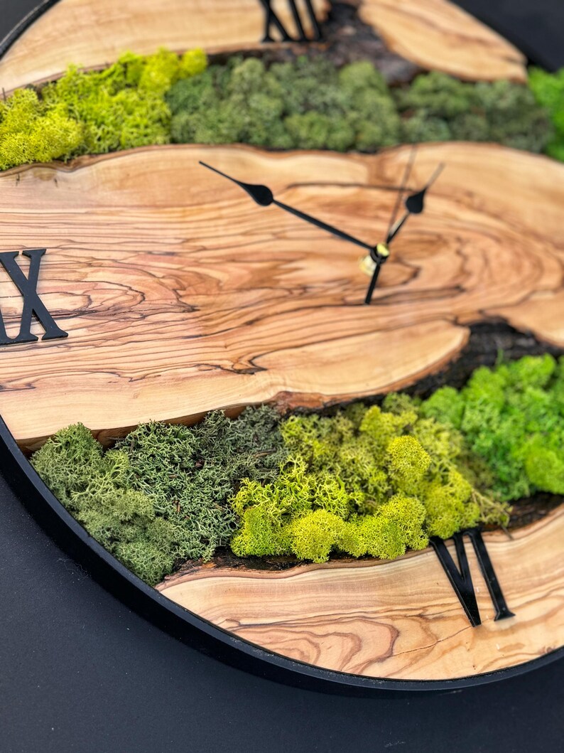 Handcrafted Rustic Tree Slice Wall Clock With Live Moss Accents and ...