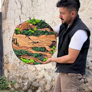 Rustic Tree Slice Wall Clock With Live Moss Accents and Metal Frame ...