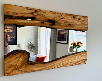 Mirror Wall Decor, Handmade Natural Edge Wooden Mirror, Olive Wood & Mirror, Asymmetrical Olive Wood Mirror, Wall Mirror, Irregular Mirror