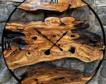 Natural Olive Wood Large Wall Clock Black Metal Frame, Farmhouse Style Wood Live Edge Wall Clock, Unique Gift Olive Wood Wall Clock