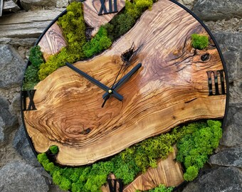 Olive Wood and Moss Big Wall Clock, Gift For Him, Custom Moss Olive Wood Wall Clock, Farmhouse Style Bar & Pub Wall Clock, Gift For Her
