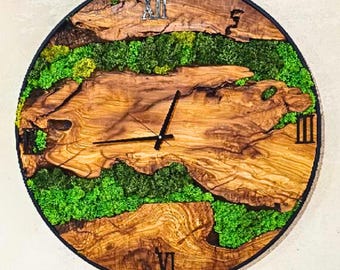 Moss & Olive Wood Wall Clock with Metal Frame, Custom Made Moss and Wood Wall Clock, Living Room Decor, Christmas Gift, Botanical Wall Art