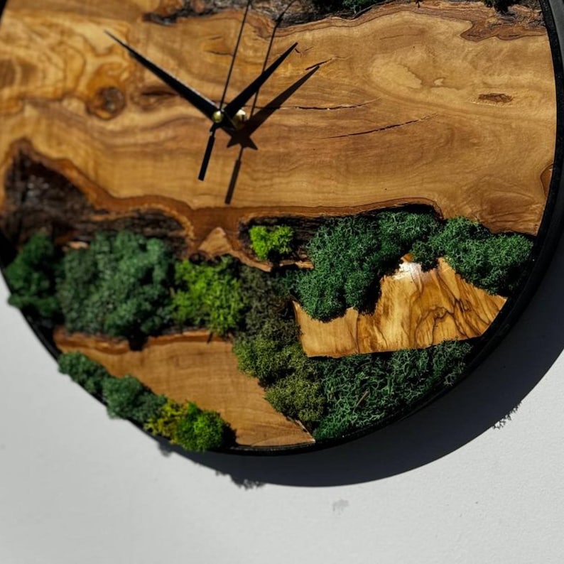 Olive Wood and Moss Big Wall Clock, Metal and Olive Wooden Wall Clock ...