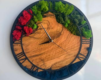 Moss Wood Wall Clock, Round Frame Preserved Moss Wood Wall Clock, Natural Olive Tree Art, Wood & Metal Wall Clock, Christmas Gift, Home Gift