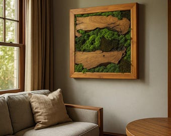 Handcrafted Olive Wood and Moss Wall Art, Moss Wall Decor with Wooden Frame, Organic Wall Art for Bedroom & Living Room, Christmas Gift