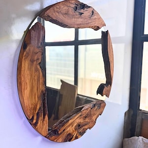 Large Round Wood Mirror, Wood Frame Mirror Wall Decor, Round Wood Mirror, Live Edge Wood Wall Mirror, Circle Wood Mirror, Natural Wood Frame