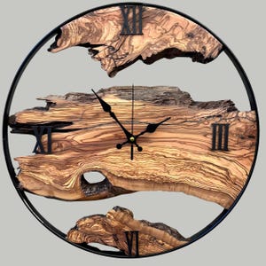 Oversized Wall Clock, Big Wood and Metal Wall Clock, Made to Order Metal & Olive Wood Wall Clock, Farmhouse Wooden Live Edge Wall Clock