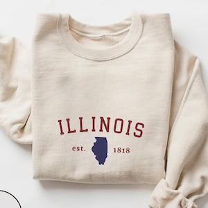 Sweat-shirt brodé Illinois Pull à col rond Illinois State Broderie Sweat-shirt carte de l'Illinois Chemise Trip Illinois brodée
