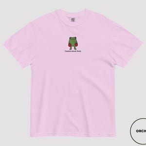 May include: A light pink t-shirt featuring a green frog wearing red boxing gloves. The text "Current mood: feral" is below the frog. The shirt is a comfortable, casual style.