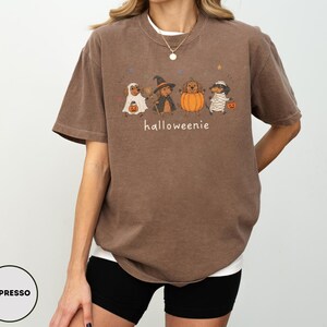 Op de afbeelding: Een bruin t-shirt met korte mouwen en een afbeelding van vier teckels in Halloween-kostuums, waaronder een geest, een heks, een pompoen en een mummie. De tekst "halloweenie" staat onder de honden gedrukt. Het shirt heeft een ronde hals.