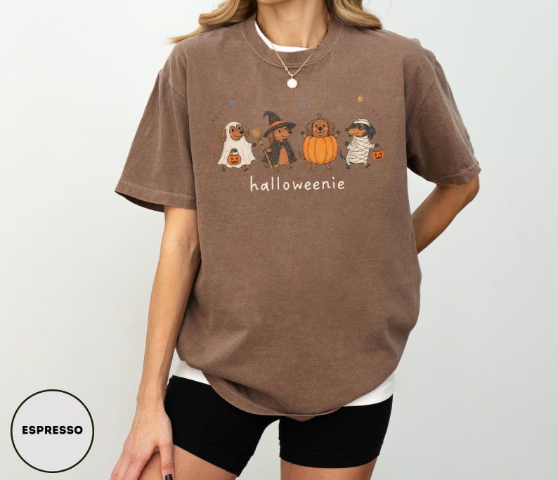 Op de afbeelding: Een bruin t-shirt met korte mouwen en een afbeelding van vier teckels in Halloween-kostuums, waaronder een geest, een heks, een pompoen en een mummie. De tekst "halloweenie" staat onder de honden gedrukt. Het shirt heeft een ronde hals.