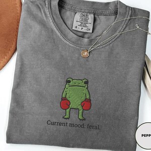 May include: A gray t-shirt with a green frog wearing red boxing gloves. The text "Current mood: feral" is below the frog. A silver necklace with a circular pendant is draped on the shirt.