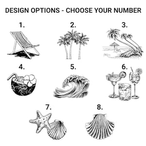 K&ouml;nnte beinhalten: Schwarz-Wei&szlig;-Illustrationen von Designs zum Thema Strand. Optionen umfassen einen Strandstuhl, Palmen, eine Welle, ein Kokosnussgetr&auml;nk, Cocktails, einen Seestern und eine Muschel sowie eine Muschel. Text: DESIGNOPTIONEN - W&Auml;HLEN SIE IHRE NUMMER.
