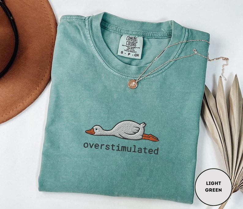 May include: A light green t-shirt with a crew neck and short sleeves. The shirt features an embroidered cartoon goose with the word "overstimulated" below it. A gold necklace with a pendant is draped across the shirt.