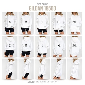 Pode incluir: Tabela de tamanhos para hoodies Gildan 18500, mostrando as medidas em polegadas para os tamanhos S, M, L, XL e 2XL. O gr&aacute;fico inclui um modelo vestindo um hoodie branco, com medidas para o peito, cintura e quadris.