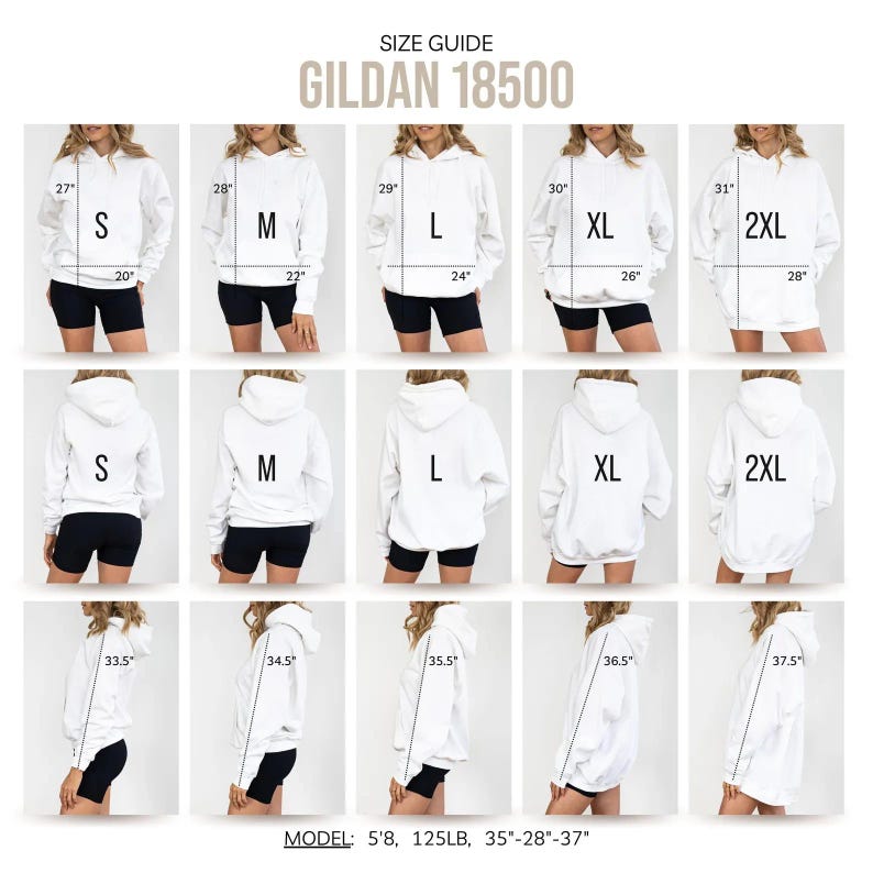Pode incluir: Tabela de tamanhos para hoodies Gildan 18500, mostrando as medidas em polegadas para os tamanhos S, M, L, XL e 2XL. O gr&aacute;fico inclui um modelo vestindo um hoodie branco, com medidas para o peito, cintura e quadris.