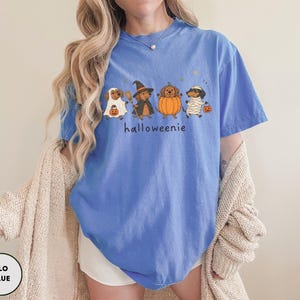 Op de afbeelding: Een korenbloemblauw t-shirt met een afbeelding van vier teckels in Halloween-kostuums, waaronder een geest, een heks, een pompoen en een mummie. De tekst "halloweenie" staat in het zwart onder de honden gedrukt. Het shirt heeft een ronde hals.