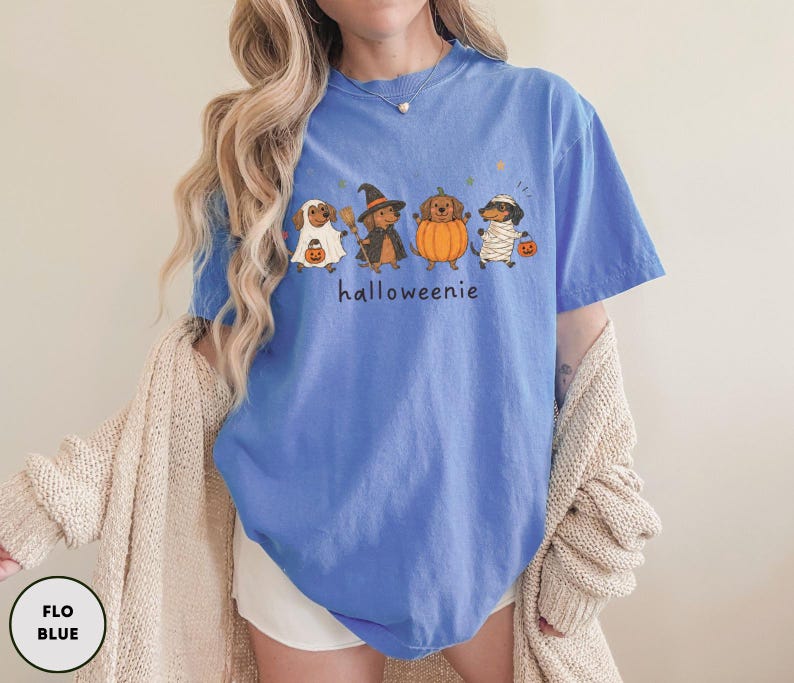 Op de afbeelding: Een korenbloemblauw t-shirt met een afbeelding van vier teckels in Halloween-kostuums, waaronder een geest, een heks, een pompoen en een mummie. De tekst "halloweenie" staat in het zwart onder de honden gedrukt. Het shirt heeft een ronde hals.