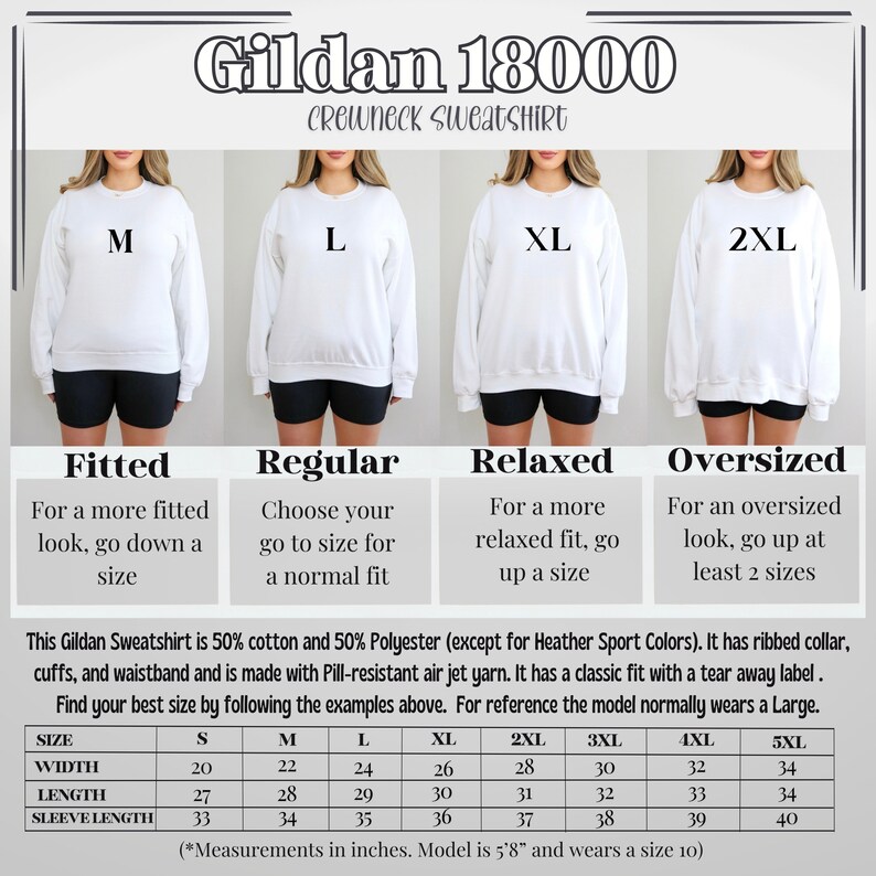 May include: A size chart for Gildan 18000 crewneck sweatshirts. The chart shows the different sizes available, from S to 5XL, and the corresponding measurements in inches for width, length, and sleeve length. The chart also includes a description of the fit for each size: fitted, regular, relaxed, and oversized.