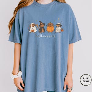 Op de afbeelding: Een blauw spijkerkleurig t-shirt met een afbeelding van vier teckels verkleed in Halloween-kostuums als geest, heks, pompoen en mummie. De tekst "halloweenie" staat in het wit onder de honden gedrukt.