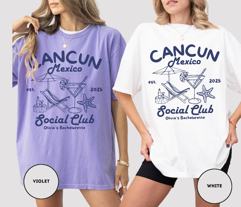 May include: Two oversized t-shirts with a graphic design featuring a cocktail, lounge chair, and palm tree. The text on the shirts reads "CANCUN Mexico est. 2025 Social Club Olivia's Bachelorette". The shirts are shown in violet and white.