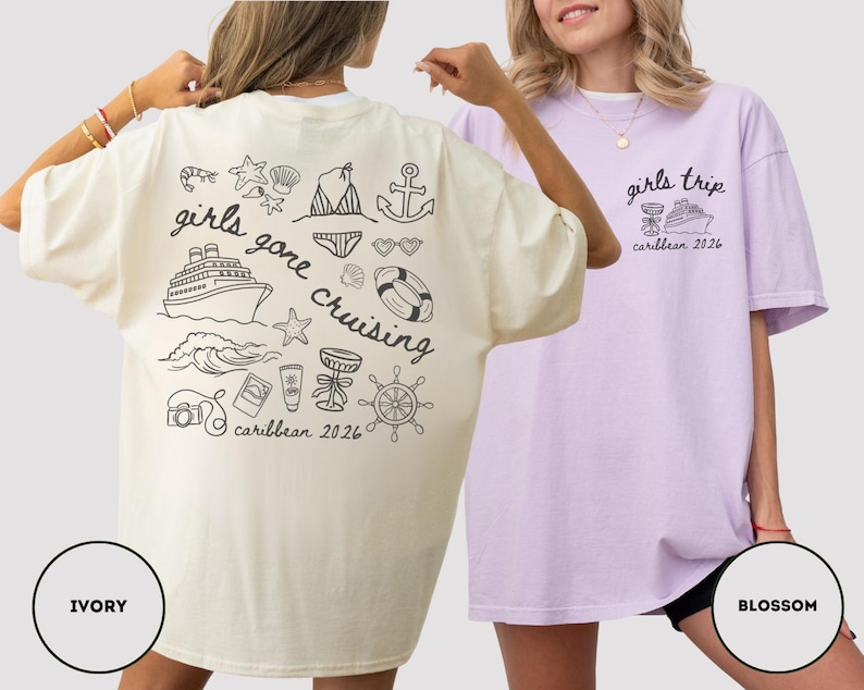 Puede incluir: Dos camisetas holgadas, una marfil y otra color flor. La camiseta marfil presenta un dise&ntilde;o n&aacute;utico con el texto "girls gone cruising caribbean 2026." La camiseta color flor muestra un crucero y el texto "girls trip caribbean 2026."