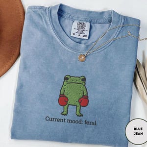 May include: A blue jean colored t-shirt with a green frog wearing red boxing gloves. The text "Current mood: feral" is below the frog. A gold necklace with a pendant is on the shirt.