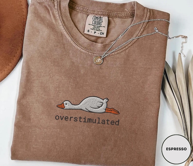 May include: Espresso-coloured Comfort Colors t-shirt featuring an embroidered graphic of a relaxed duck and the word "overstimulated". A silver necklace with a small pendant rests on the shirt. The shirt is folded, with a brown hat and dried leaves in the background.