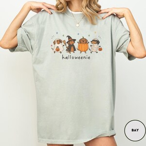 Op de afbeelding: Een licht saliegroen t-shirt met ronde hals en een afbeelding van vier teckels in Halloween-kostuums, waaronder een geest, een heks, een pompoen en een mummie. De tekst "halloweenie" staat onder de honden, vergezeld door kleine gekleurde sterren.
