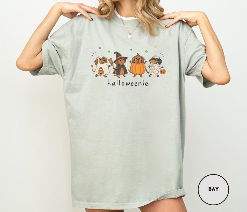 Op de afbeelding: Een licht saliegroen t-shirt met ronde hals en een afbeelding van vier teckels in Halloween-kostuums, waaronder een geest, een heks, een pompoen en een mummie. De tekst "halloweenie" staat onder de honden, vergezeld door kleine gekleurde sterren.