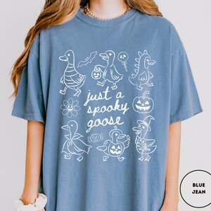 May include: Blue jean-colored t-shirt with a white graphic that says "just a spooky goose." The graphic features cartoon geese dressed in Halloween costumes, including a witch hat and a pumpkin. A bat, flower, and candy are also included.