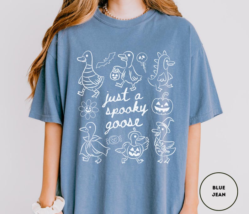 May include: Blue jean-colored t-shirt with a white graphic that says "just a spooky goose." The graphic features cartoon geese dressed in Halloween costumes, including a witch hat and a pumpkin. A bat, flower, and candy are also included.