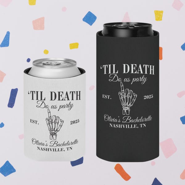 Halloween Bachelorette Can Cooler, Spooky Bachelorette Party Favors, Til Death Do Us Party Bachelorette, Bride Or Die Bach Can Holder
