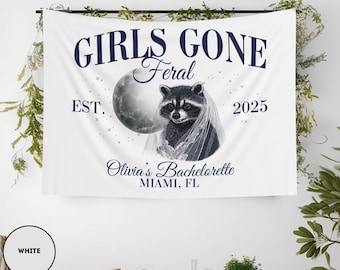 Bannière de Bachelorette Girls Gone Feral pour la fête de Bach, panneau de bienvenue, tapisserie de Bach, toile de fond de Bach drôle, décoration de fête de raton-laveur