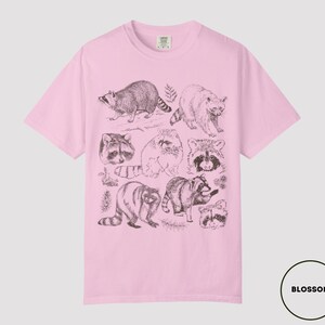 Op de afbeelding: Lichtroze T-shirt met een gedetailleerde illustratie van wasberen in verschillende poses en maten. De afbeelding is in grijstinten en zwart, wat een vintage esthetiek cre&euml;ert. Het shirt heeft een klassieke ronde hals en korte mouwen.