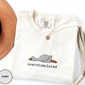 May include: Ivory-coloured t-shirt with a crew neck, featuring an embroidered cartoon goose lying down, with the word "overstimulated" below. A gold necklace with a pendant rests on the shirt. A brown hat and dried plant are in the background.