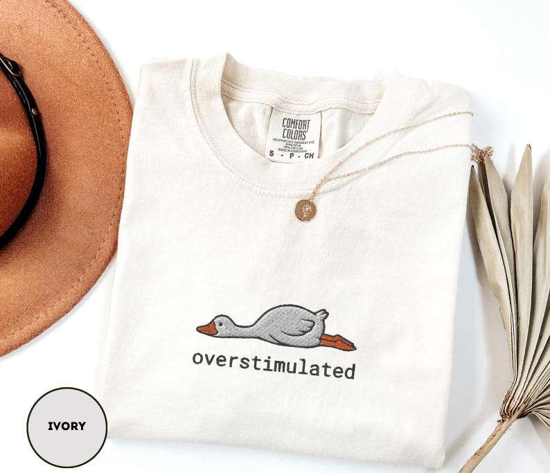 May include: Ivory-coloured t-shirt with a crew neck, featuring an embroidered cartoon goose lying down, with the word "overstimulated" below. A gold necklace with a pendant rests on the shirt. A brown hat and dried plant are in the background.
