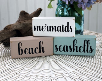 Beach Sign Mini Shelf Sitter Blocks Mermaids Beach Seashells Tiered Tray DecorStacking Blocks Mermaid Decor Beach House Beach Decor