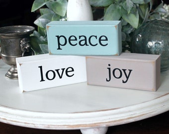 Peace Love Joy Stacking Blocks, Mini Shelf Sitter Blocks, Family Blocks, Wood Sign, Inspiration, Tiered Shelf Decor