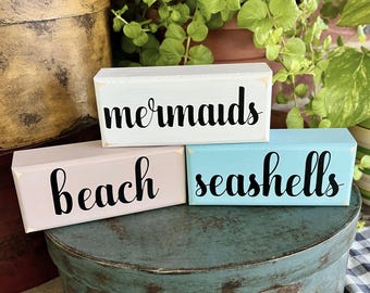 Beach Sign Mini Shelf Sitter Blocks Mermaids Beach Seashells Tiered Tray Decor Stacking Blocks Mermaid Decor Beach House