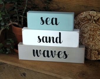 Sea Sand Waves Shelf Sitter Blocks, Beach House Sign, Beach Cottage, Stacking Blocks, Coastal Decor, Beach Decor, Seaside Decor