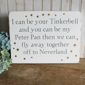 Wedding Sign, Tinker Bell and Peter Pan, Painted Wood Sign, Wedding Gift, Romance Love, Wedding Shower Gift