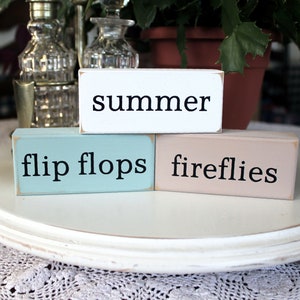 Set of 3 mini blocks. White, Tan, Aqua with black words Summer, Flip Flops, Fireflies.